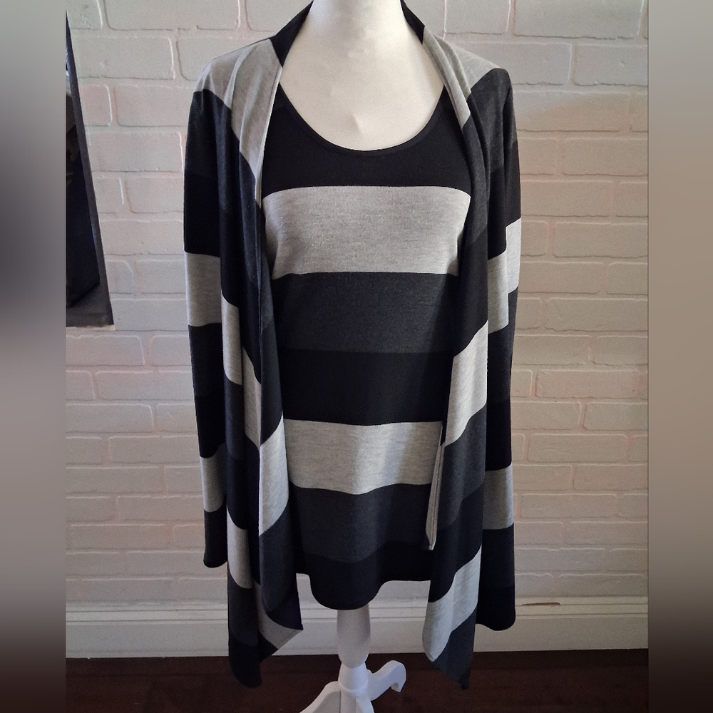 Joseph Ribkoff Black & Gray Striped Open-Front Cardigan with Tank